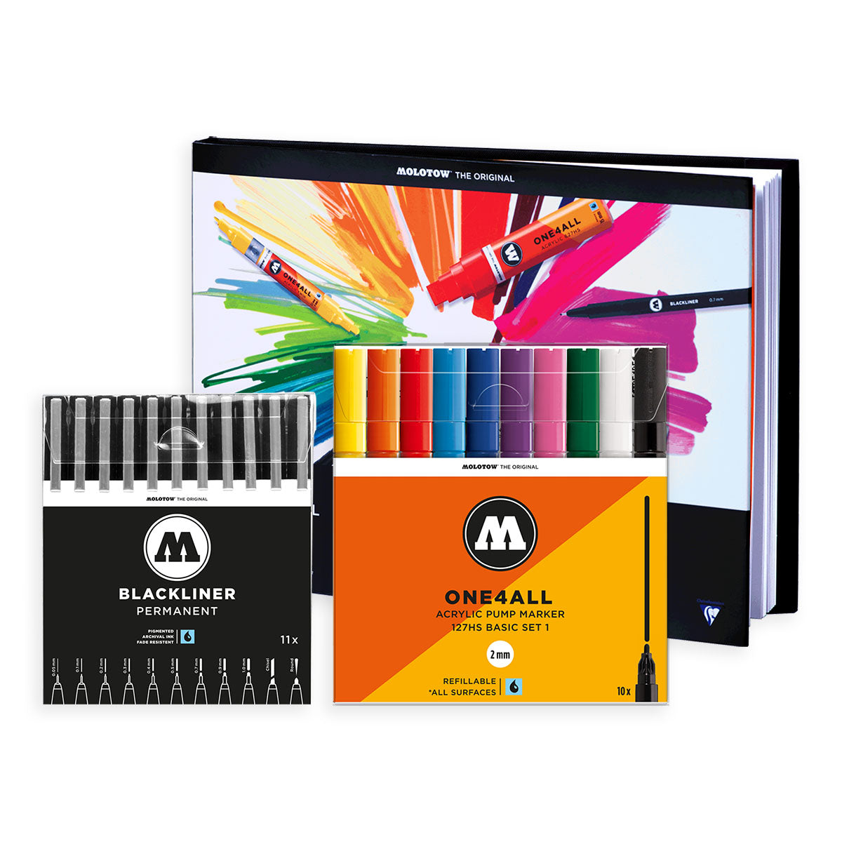 Molotow ONE4ALL 127HS 10set, Blackliner 11 Set & Molotow A4 Sketchbook - image 1