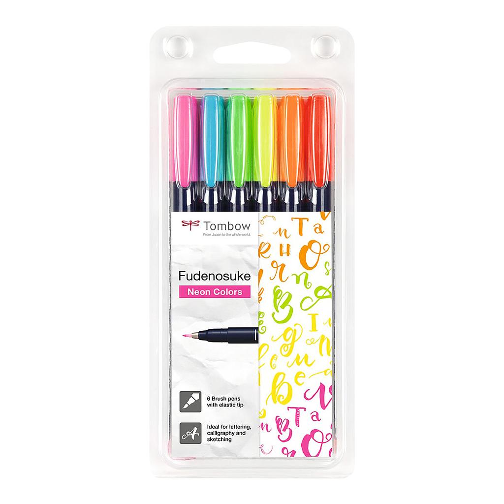 Tombow Fudenosuke WS-BH Calligraphy Brush Pen Hard, 6 set Neon - image 1