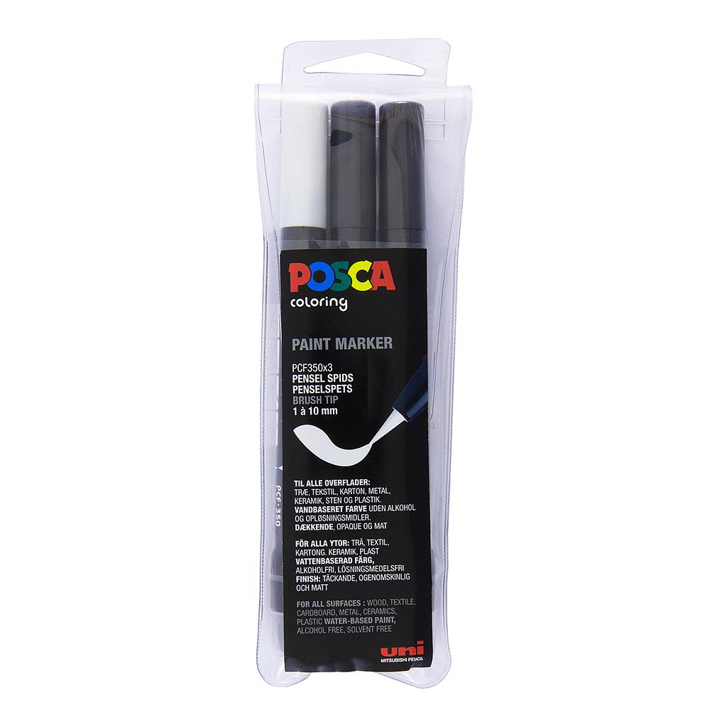 Uni Posca Markers PCF-350 Brush, 3 set Black and White - image 1
