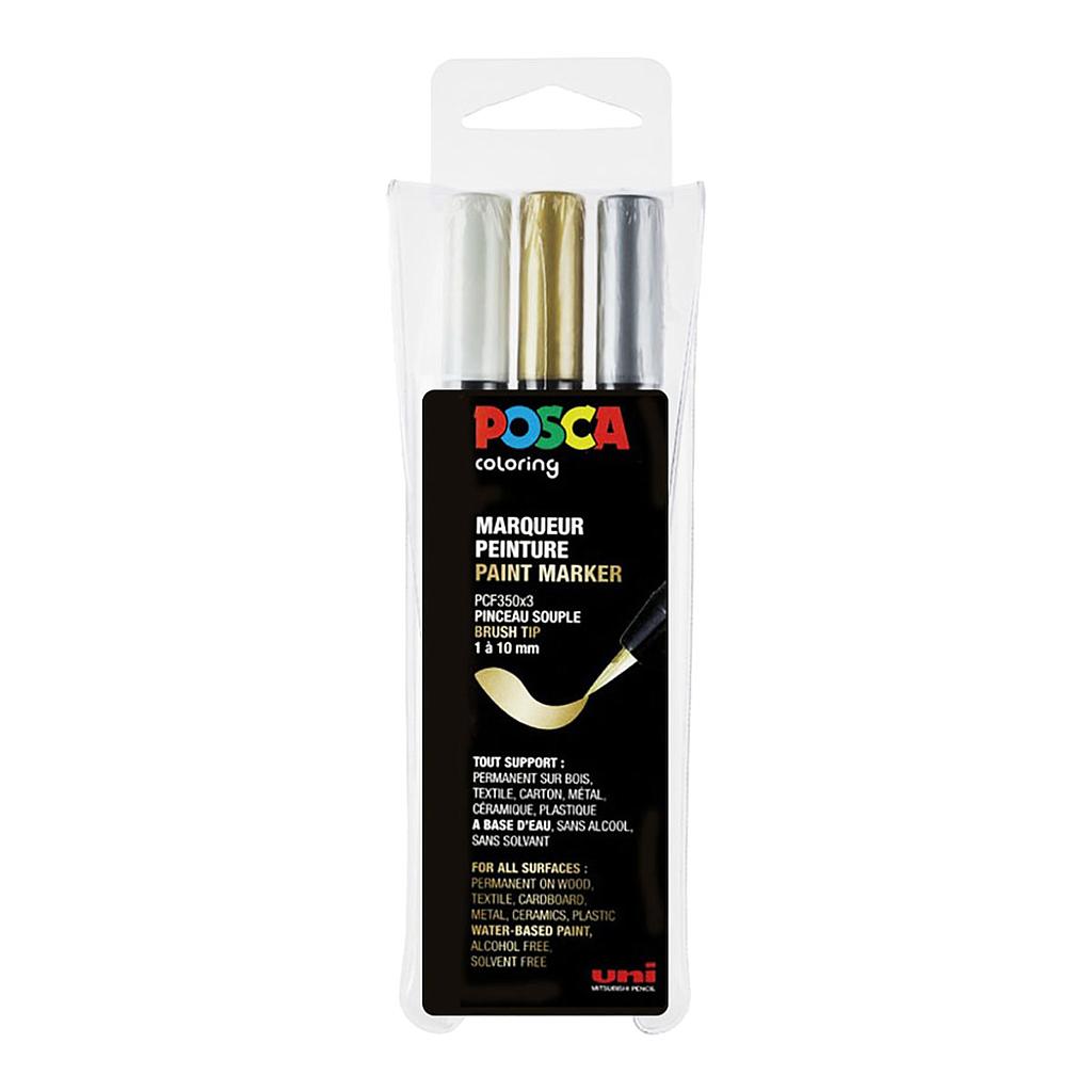 Uni Posca Markers PCF-350 Brush, 3 set Metallic - image 1