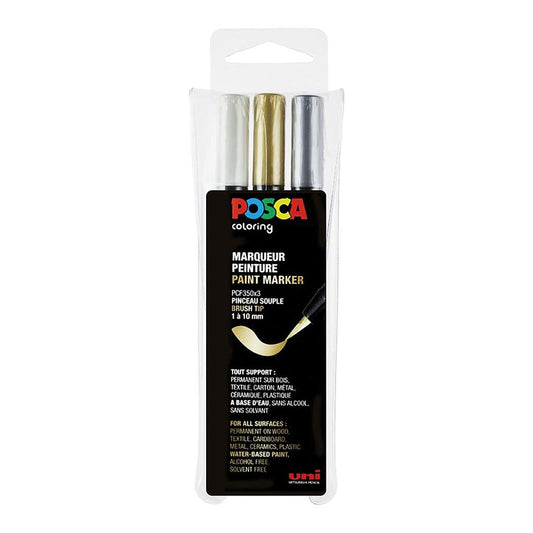 Uni Posca Markers PCF-350 Brush, 3 set Metallic - image 1