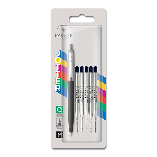 Parker Jotter Original Black Ballpoint Pen Medium + 5 Black Refills - image 1