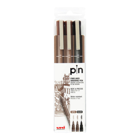 Uni Pin Fine Line Pens 3 Set, Sepia & Black - image 1