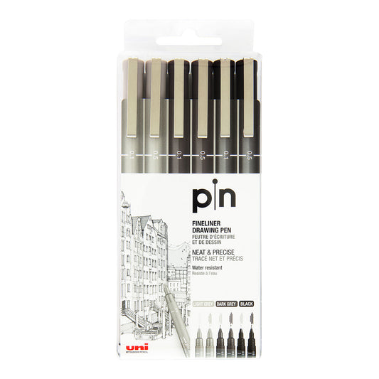 Uni Pin Fine Line Pens 6 Set, Grey & Black - image 1
